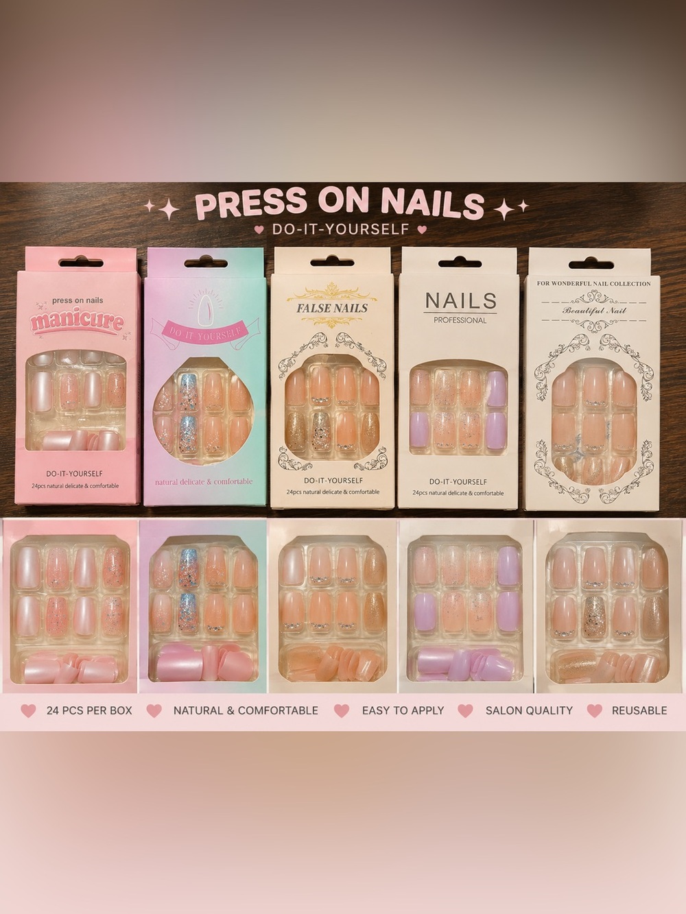 NEW 5pc Press On Nails Bundle Nude Pink Glitter Rhinestone 24pc Sets